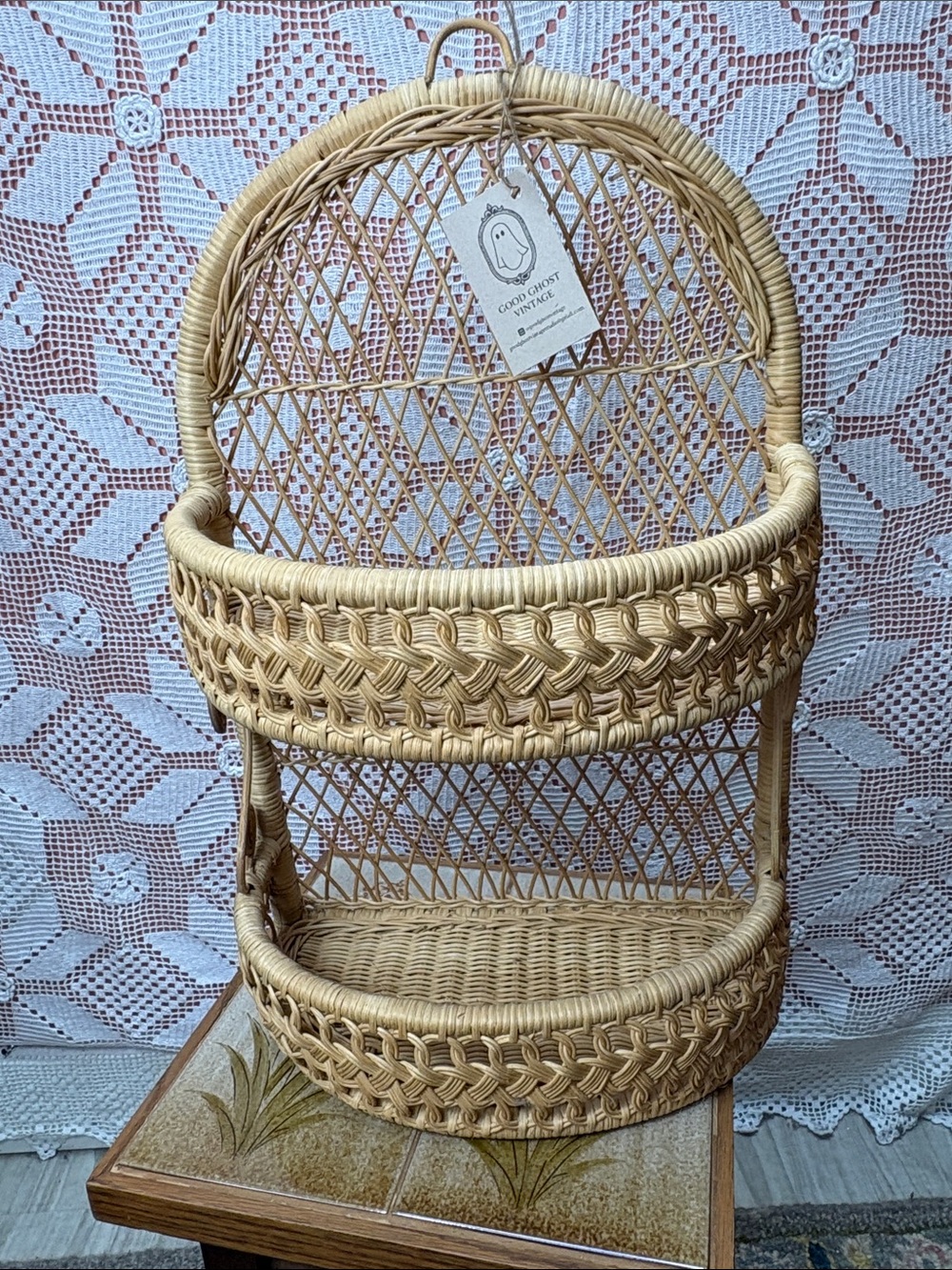 Vintage Two-Tier Rattan Wall Shelf Basket